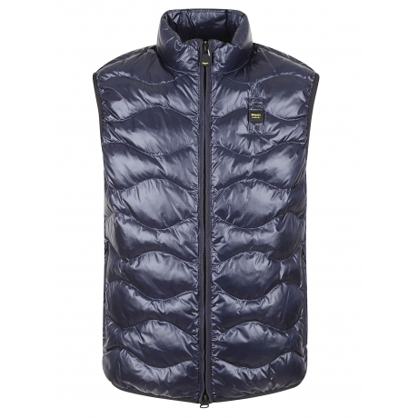 Blauer gilet uomo imbottito ad onda e zip blu con perfilo nero