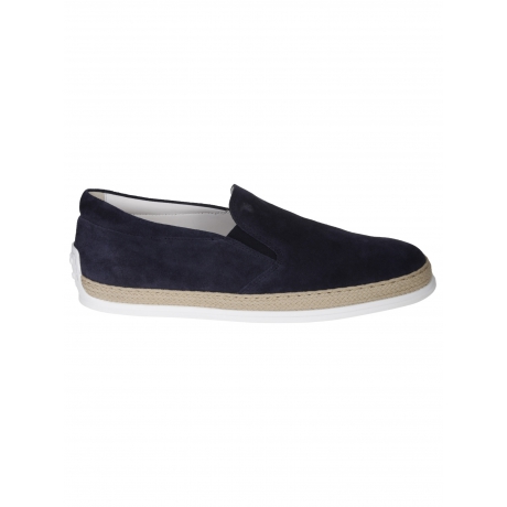 Tod's slip on uomo in pelle scamosciata e profilo in raffia blu