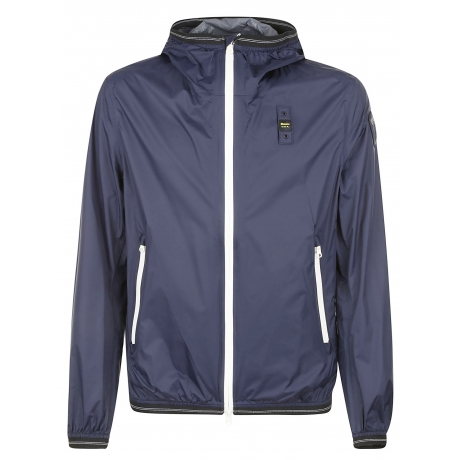 Blauer cerata uomo con cappuccio in nylon nastrato e zip  blu