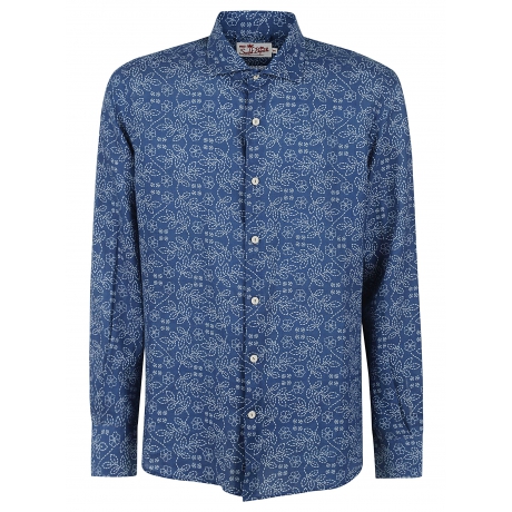 Saint Barth camicia uomo pamplona in lino con stampa in stile sashiko blu