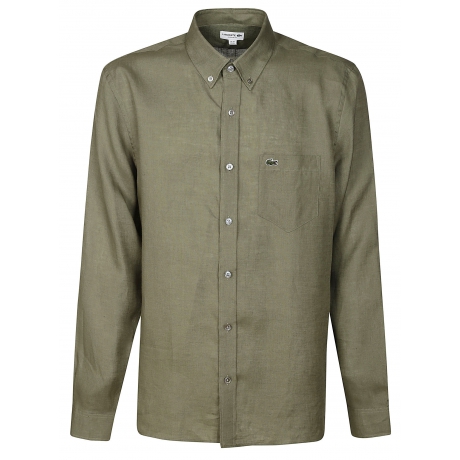 Lacoste camicia uomo verde militare  in lino