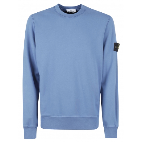 Stone Island Felpa girocollo blu chiaro uomo in cotone leggero tinto capo