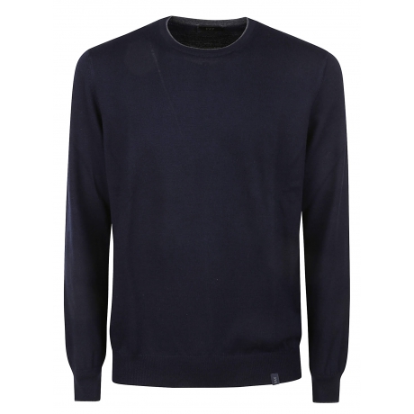 Fay Maglia blu uomo in lana girocollo toppe a contrasto