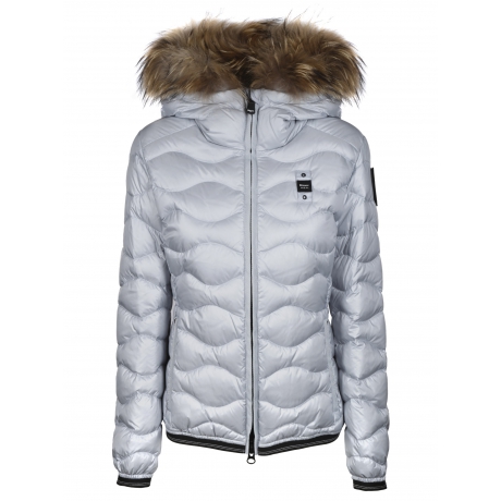 Blauer Giubbino celeste donna trapuntato a onde cappuccio pelliccia