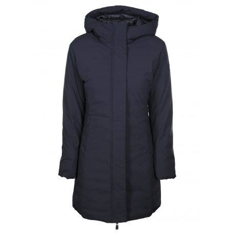 Save The Duck Giubbino blu opaco liscio donna lungo cappuccio fisso