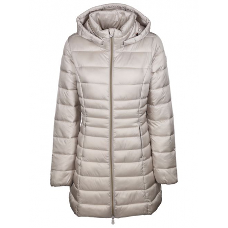 Save The Duck Giubbino beige lucido donna lungo leggero cappuccio staccabile