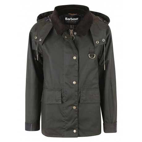 Barbour giubbino verde donna in cotone cerato con cappuccio rimovibile