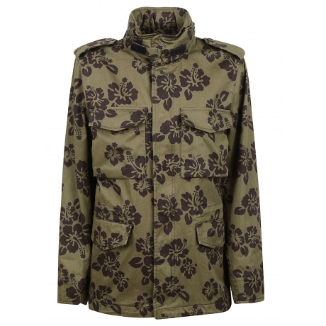 Aspesi Giubbotto donna con stampa hibiscus  in cotone verde militare