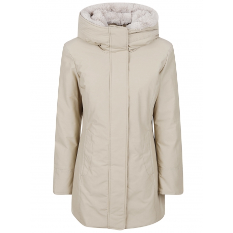 Woolrich Parka donna Boulder beige con cappuccio e collo removibile in pelliccia sintetica