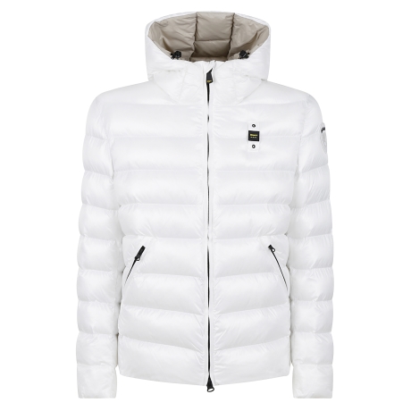 Blauer piumino uomo in nylon bianco e beige con cappuccio