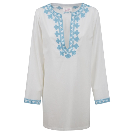 Saint Barth kaftano donna ricamo indiano celeste in cotone bianco