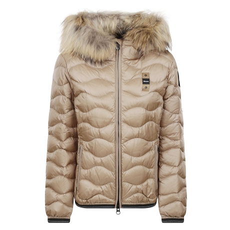 Blauer piumino donna ad onde con pelliccia beige