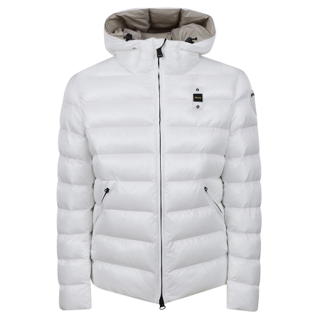 Blauer piumino uomo in nylon bianco e beige con cappuccio