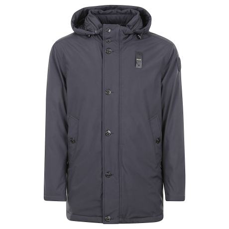 Blauer parka lungo uomo in neoprene con cappuccio nero