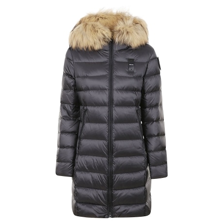 Blauer piumino lungo donna nero con cappuccio e pelliccia