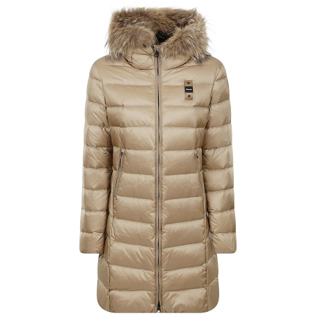 Blauer piumino lungo donna beige con cappuccio e pelliccia