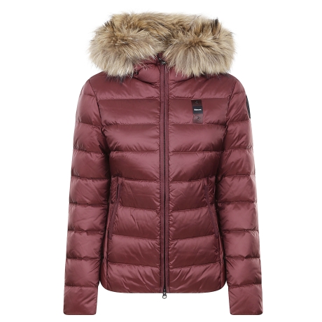 Blauer piumino donna con pelliccia bordeaux